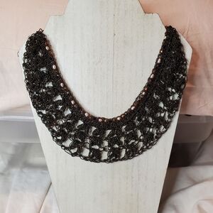 Signed CRS Paris Brass Beadball & Glass Beaded Mesh Colllar Bib Necklace